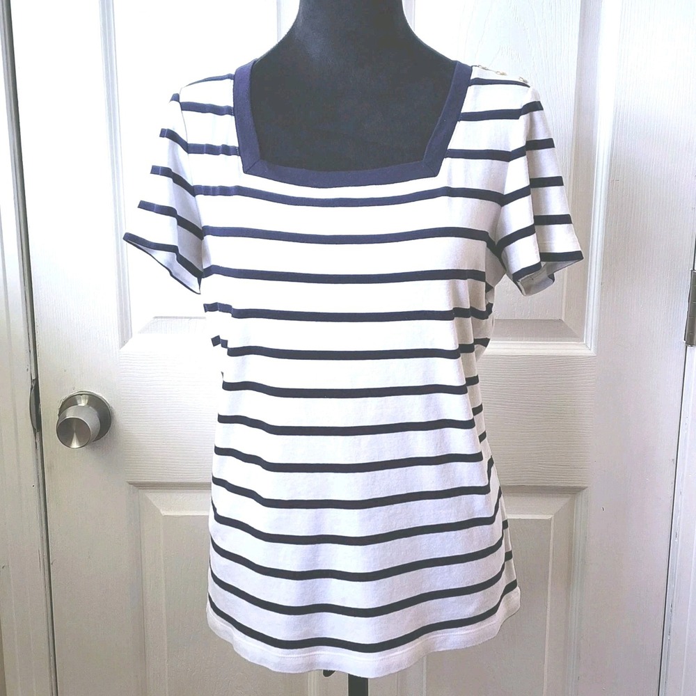 Women's S/S Square Neck Top by Karen Scott in White & Blue Stripe Size LG